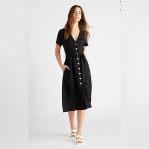 Quince linene Black Midi Dress with White Buttons midi length size M